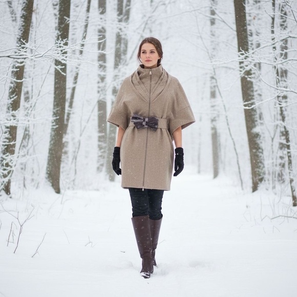 100% Wool Zip Up Belted Tan Coat Jacket from Runway Fashion Designer MEE MILEID - Picture 10 of 10